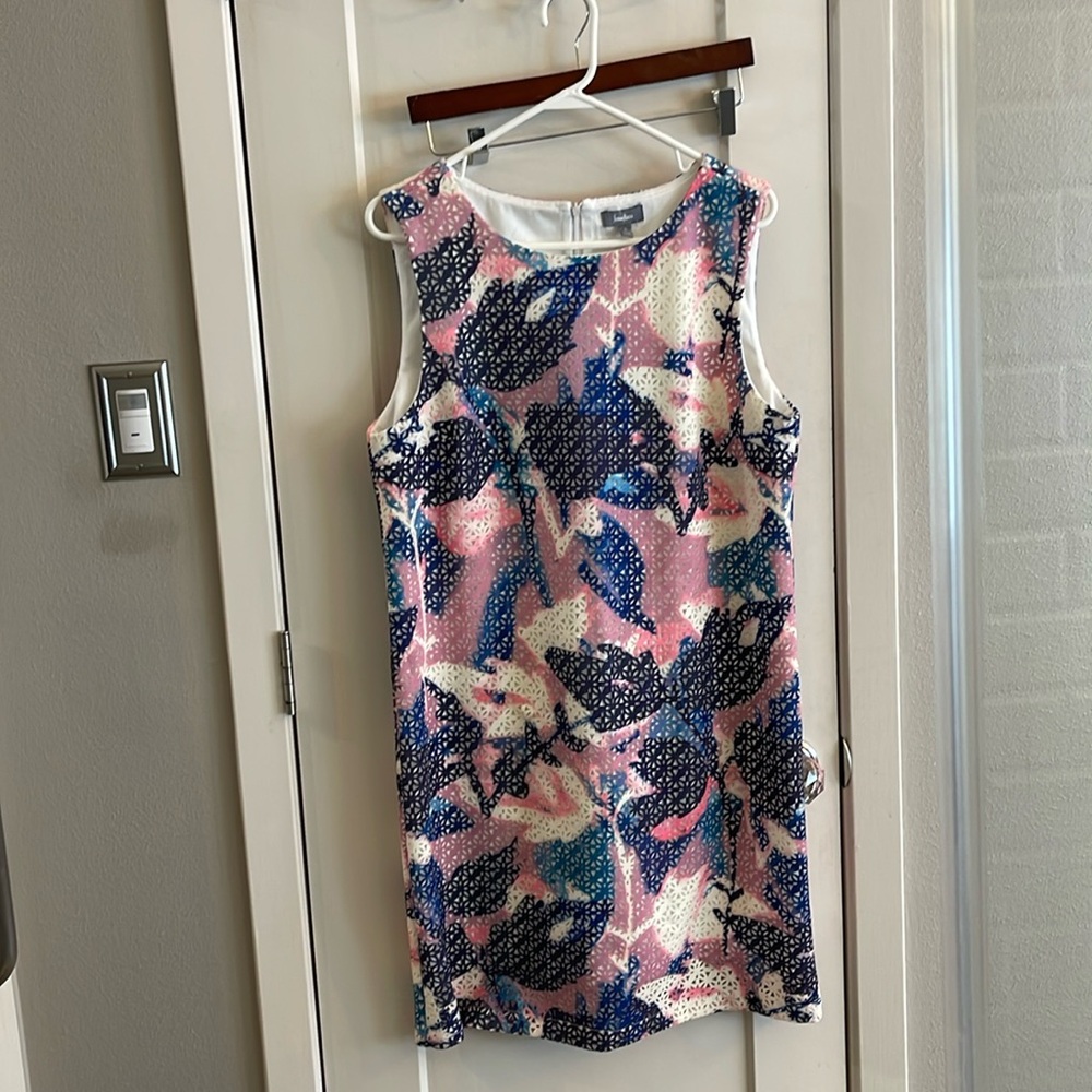 Neiman Marcus dress with pink and blue watercolor pattern. Size large.